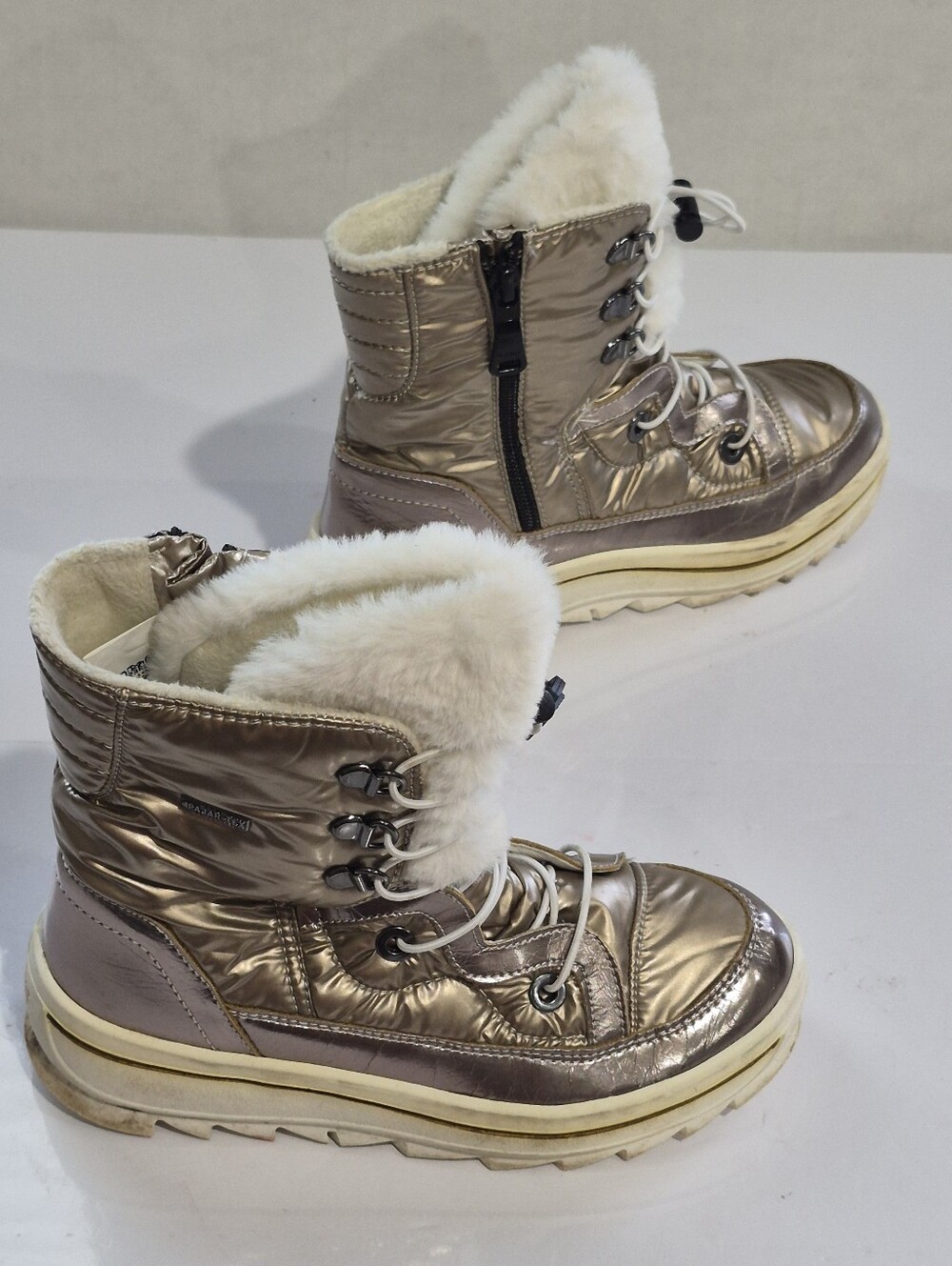 Metallic Taupe Girl's Winter Ankle Boots with Faux Fur Size 2.5